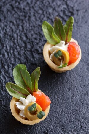 Tartlets with salmon and cheese cheese with micro-green on a dark background. Cold appetizer.
