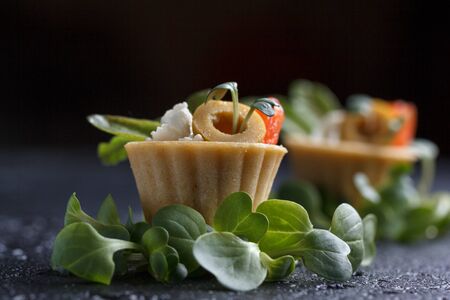 Tartlets with salmon and cheese cheese with micro-green on a dark background. Cold appetizer.の写真素材