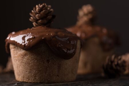 Chocolate muffins, decorated with a small cone on a dark wooden background. Low key. Cupcakes are...