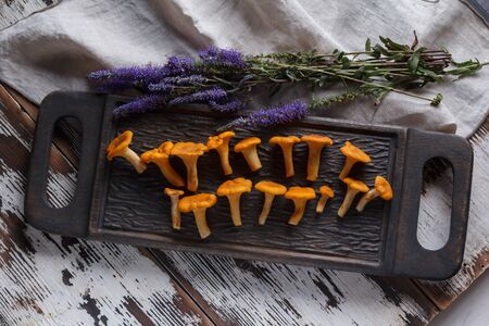 Fresh mushrooms chanterelle on a wooden background. Rustic.の写真素材