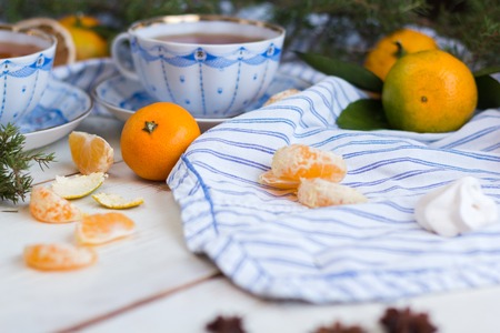 New Year. Mandarin. Hot tea. White background.Christmas still life.の写真素材