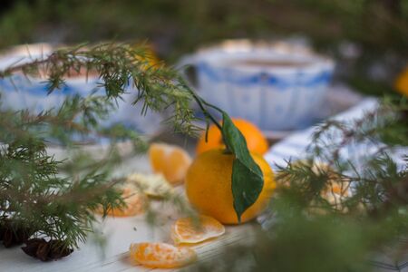 Good New Year spirit. Mandarin on a background of cups with tea and fir branches.の写真素材