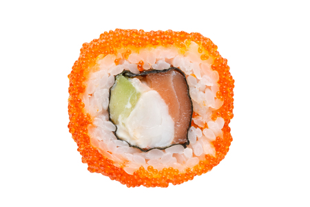 Roll with salmon, cream cheese and avocado in caviar of flying fish on a white background. Isolated.の写真素材