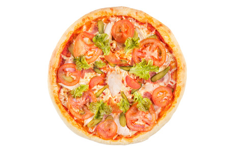 Assorted pizza on a white background. View from above. Isolated.の写真素材