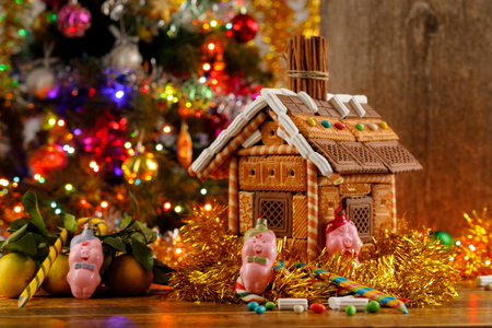 New Year's atmosphere. Year of the pig. Gingerbread house and three little pigs.の写真素材