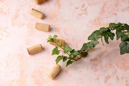 Refined textural background and corks for wine. Copy space. Place for your text. Close-up.の写真素材
