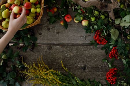 Frame of autumn apples and pears on a wooden background. View from above. Hand with the crop. Flat lay. Copy space. Harvest concept.の写真素材