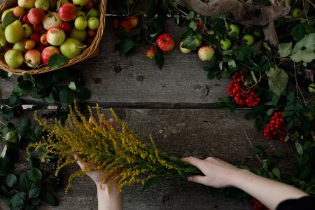 Frame of autumn apples and pears on a wooden background. View from above. Autumn flowers in the hands. Flat lay. Copy space. Harvest concept.の写真素材