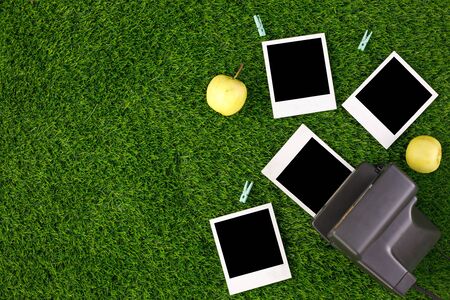 Instant photo frames and a camera on a background of lawn grass. Concept of preservation of memories. Flat lay. Copy space.の写真素材