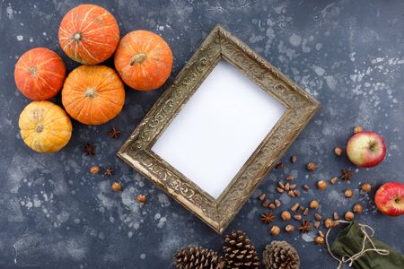 Autumn frame of pumpkins, hazelnuts and cones on a textural background. Autumn, fall, thanksgiving concept. Flat lay, top view, copy space.の写真素材
