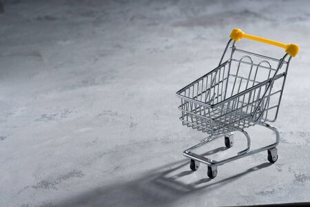 Shopaholic. Buyer. Shopping concept. Close-up. An isolated trolley and shopping basket on a gray background bisected. Macro.の写真素材