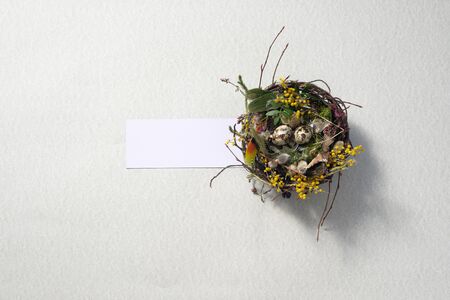 Easter still life. Quail eggs in a nest on a beautiful surface. Holiday concept. Copy space. Postcard design concept.の写真素材