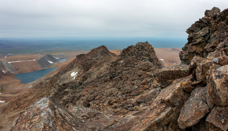 The concept of outdoor activities in the mountains. Minimalist mountain landscape. Atmospheric view.の写真素材