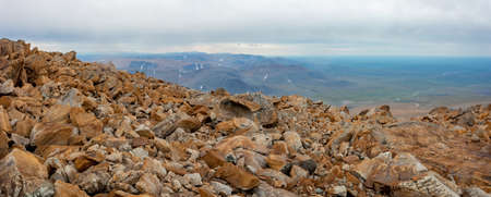 The concept of outdoor activities in the mountains. Minimalist mountain landscape. Atmospheric view.の写真素材