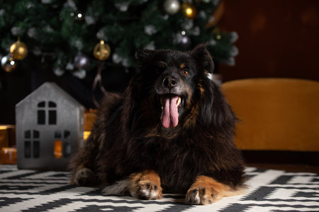 The dog is posing in a Christmas setting. A beautiful dog of unknown breed. Individuality. New Year's atmosphere.の写真素材