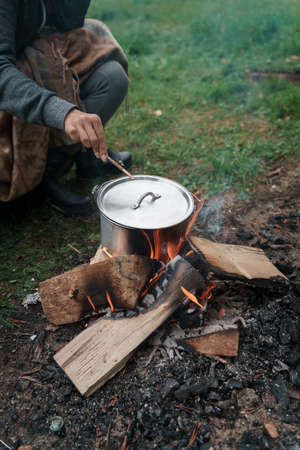 Morning breakfast near the fireの写真素材