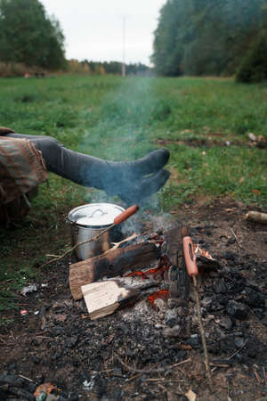 Morning breakfast near the fireの写真素材
