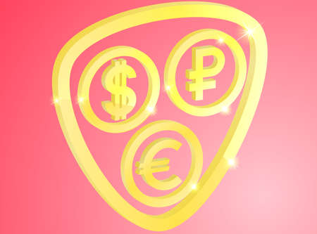 Gold signs of the ruble, the dollar, the Euro, on red backgroundのイラスト素材