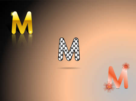Gold, black and white, orange colors with the letter M in gray-pink-black backgroundのイラスト素材