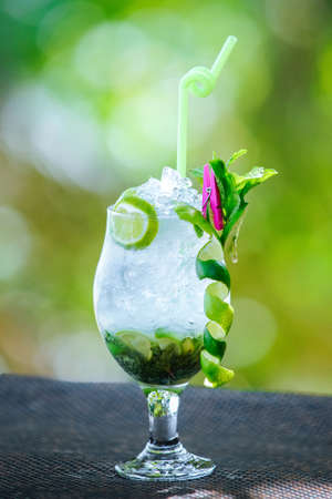 Vertical picture of fresh mojito lemonade cocktail with lime and mint on background of green bokehの写真素材