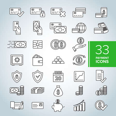 Simple Set of Credit Card Related Vector Line Icons. Set of money and payment methods. Contains icons as pay online, bank check, mobile wallet, mobile payment, credit card and more.のイラスト素材