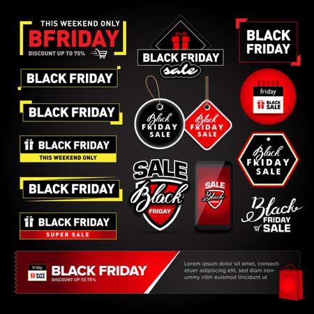Black Friday sale design elements set. Black Friday sale inscription labels, stickers. Isolated Vector illustrations.のイラスト素材