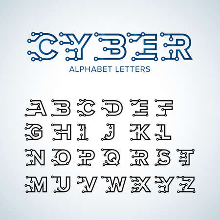 Cyber Techno type font alphabet. Digital hi-tech style letters, numbers and symbols. Stock vector for your headlines, posters etc. Isolated vector illustrationのイラスト素材
