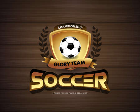 Football Soccer design on dark wood background. Football badge design template, sport Themed T shirt. Isolated Vector illustration.のイラスト素材