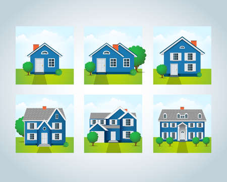 Colorful Flat Residential Houses. House vector illustration. Home exterior set in flat style. House modern and traditional. Residential house collectionのイラスト素材