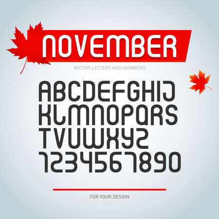 November font, set of stylized alphabet letters and numbers. vector, regular font type. stylish typeface design. modern typesettingのイラスト素材