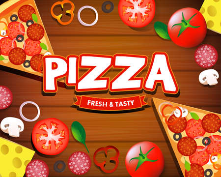 Pizza menu wooden board cartoon background with fresh ingredientsのイラスト素材