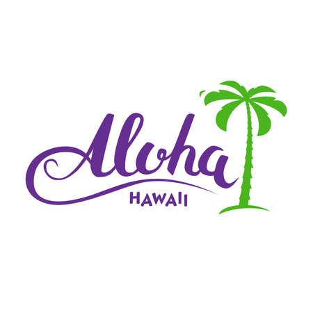 Aloha Hawaii handmade tropical exotic t-shirt graphics. Summer apparel print design. Travel souvenir idea. Vector illustration.のイラスト素材