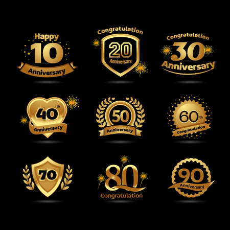 Golden Anniversary Happy New Year festive celebration emblems set with ribbons. Black background version.のイラスト素材