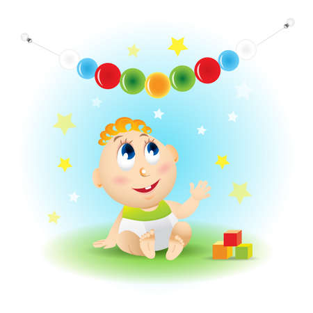 Cute smiling baby cartoon with baby building blocks, toy balls, stars on blue background, vector illustrationのイラスト素材