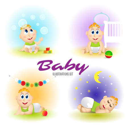 Baby set illustrations. Set of funny babies. Caroton Vector isolated illustrations.のイラスト素材