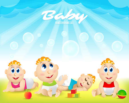 Colorful Baby set  Playground. Template for advertising brochure. Ready for your message. Baby look up with interest. Funny cartoon character. Vector illustrationのイラスト素材