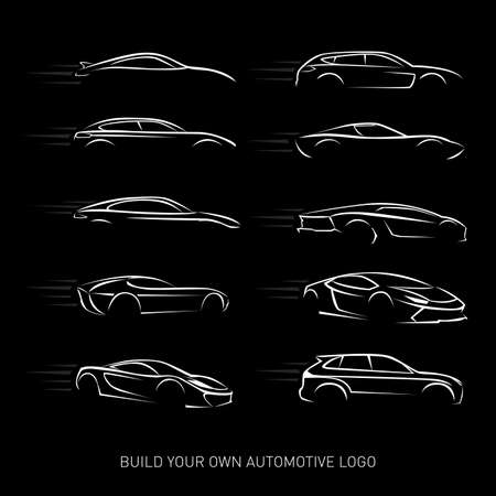 Cars logotypes Silhouette - car service and repair, vector set. Cars logos. Isolated vector illustrations. Black and white version.のイラスト素材