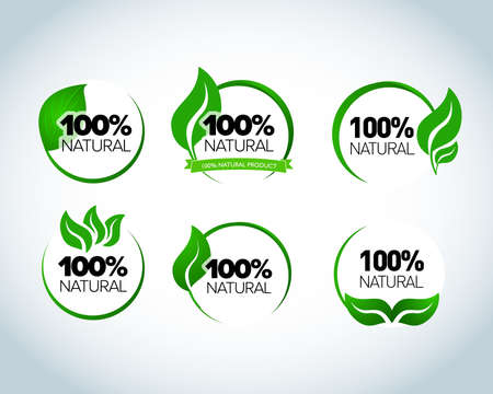 Set of 100% natural, retro vintage logo label design. Green laurel wreath. Eco logo template. Green Vector illustration.のイラスト素材