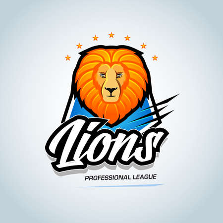'Lions' sport team logo template. Lion head mascot. Event badge graphic, logotype, t-shirt graphic, emblem, sticker, banner, icon. Vector illustration.のイラスト素材