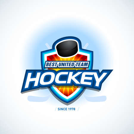 Hockey sport team logotype template. Hockey team logo template. Hockey emblem, logotype template, t-shirt apparel design. Sport badge for tournament or championship.のイラスト素材