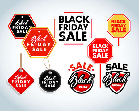 Black Friday sale design elements. Black Friday sale inscription labels, stickers. Isolated Vector illustrationのイラスト素材