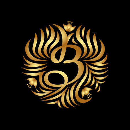 B letter monogram in golden color. Boutique Luxury Vintage, Crests logo. Business sign, Restaurant, Royalty, Boutique, Hotel, Heraldic, Jewelry, Fashion, Real estate, Resort. Vector.のイラスト素材