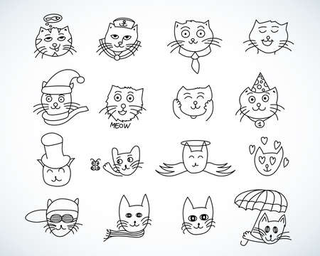 Cute cat heads set in hand drawn. Pet animal vector illustrationのイラスト素材