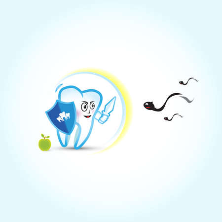 Dental illustration. Tooth fighting with caries, vector illustration. Dental care, dental clinic. Illustration for kids.のイラスト素材