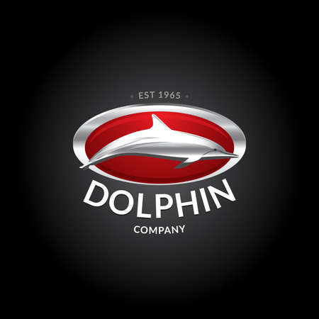 Dolphin logo template. Silver dolphin logotype on deep red background. Badge, t-shirt design, vector illustration for company and business.のイラスト素材