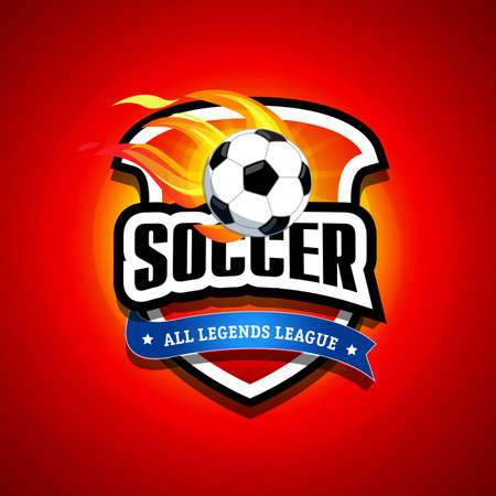 Soccer, football logo. Fire Red and dark blue soccer football badge logo design template, sport logotype template. Soccer Themed T shirt. Football logo. Vector illustration.のイラスト素材