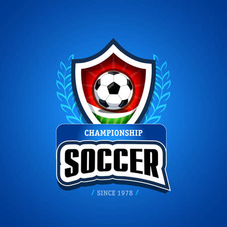 Soccer, football logo. Green, red and dark blue soccer football badge logo design template, sport logotype template. Soccer Themed T shirt. Football logo. Vector illustration.のイラスト素材