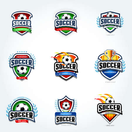 Soccer logo set. Football logotypes. Set of soccer football crests and logo template emblem designs, logotypes design concepts of football icons. Collection of Soccer Themed T shirt Graphicsのイラスト素材