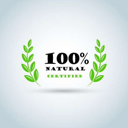 100% natural certified, retro vintage logo, label design. Green laurel wreath. Eco logo template. Green Vector illustration.のイラスト素材