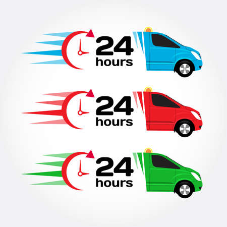 24 hours service emergency car. Car 24 hours. Blue, red, green emergency  urgent car. Shipping car. Delivery car. Vector set.のイラスト素材